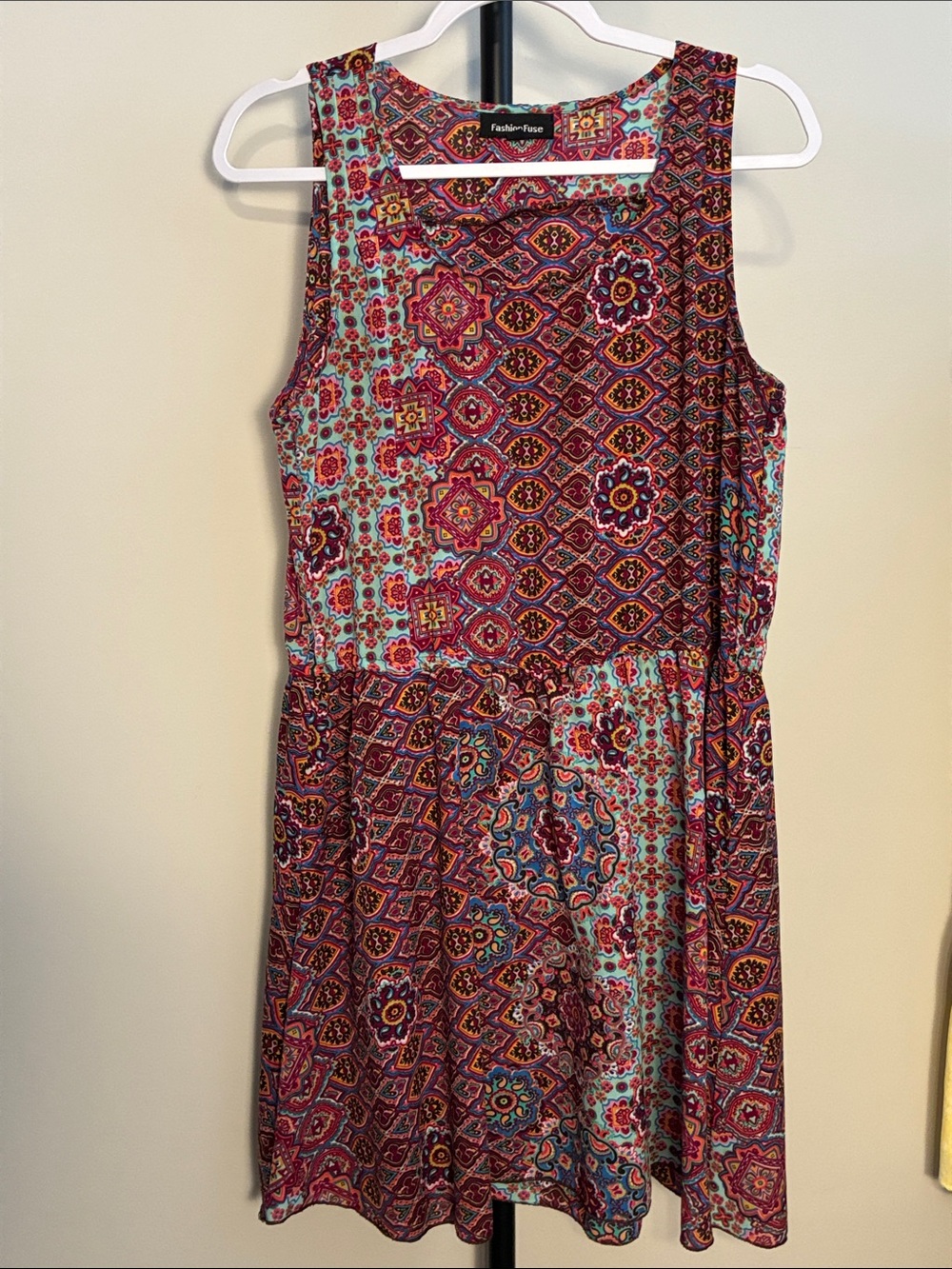 Fashion-Fuse Sleeveless Print Boho Dress in blue & purple pockets junior large